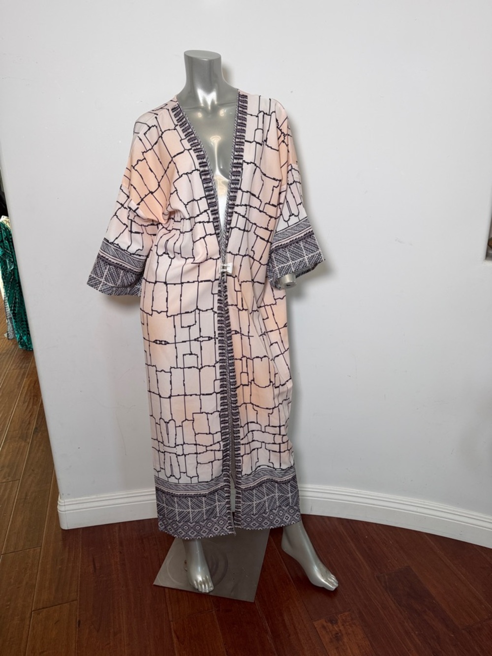 Bohemian Printed Long Kimono Robe Pink Blush Charcoal Summer Cover -Ups Duster
